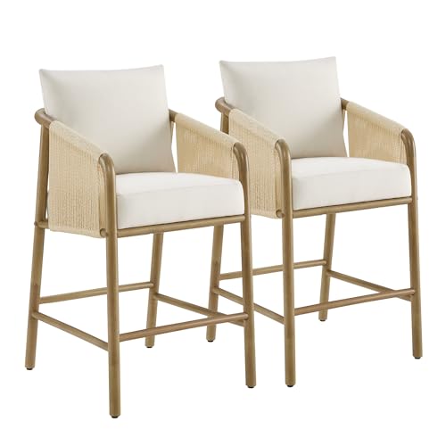 CHITA Paper Cord Braid Counter Height Barstools Set of 2, Fabric Upholstered Woven Rope Counter...