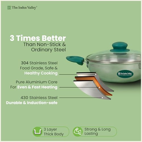 Image of The Indus Valley Triply Stainless Steel Cookware Set of 3 | Kadai 22cm with Glass Lid & Fry Pan 22cm | 100% Toxin-Free | Faster Cooking | Induction Compatible