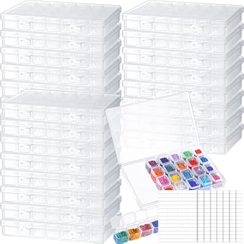 Ripeng 24 Pack 672 Slots Diamond Painting Storage Containers Bulk, 28 Grids Bead Organizer Box Diamond Painting Accessories Boxes Diamond Art Embroidery Storage with 960 Label Stickers Cover