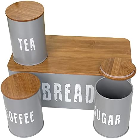 Crystals Bread Bin with Air Sealed Bamboo Lid - 4pcs Bread Bin Set of Tea, Coffee, Sugar Tins - Grey