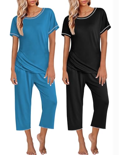 Ekouaer 2 Pack: Womens Pajamas Short Sleeve Sleepwear Tops and Capri Pants Pjs Print Pajama Sets