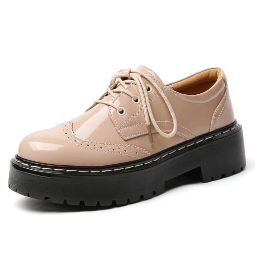 Image of Womens Oxford Shoes Black Leather Platform Oxford Shoes for Women Brogue