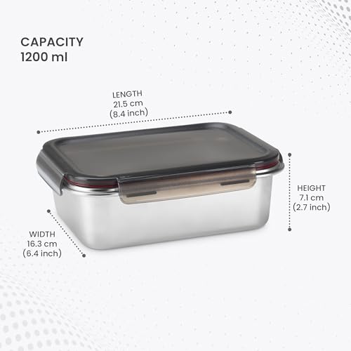 Image of MILTON New Modulo Steel Rectangular 1300 Container with lock lid|Airtight & Leakproof|Microwave & Oven safe| Light Weight | School, Office or Picnic use, 1200 ml, Silver