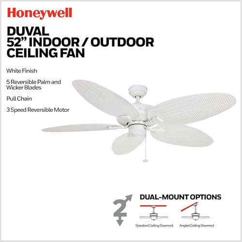 Honeywell Ceiling Fans Duval 52 Inch Ceiling Fan, Quick 2 Hang Indoor/Outdoor Ceiling Fan with Pull Chain, Dual Mount 5 Blade Tropical Design, ETL Damp Rated, White (50206-01) - Image 3
