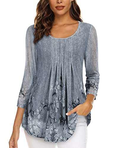 Gaharu Damen Festliche Blusen Grau-Blumen, A-Linie Tunika Shirt 3/4 Ärmel...