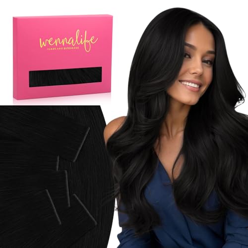 Image of WENNALIFE Invisi Edge Tape in Hair Extensions Human Hair,#1,24 Inch | 24 Inch 30g 10pcs Jet Black Invisi Remy Hair tensions Natural Seamless Injected Tape Ins Straight tensiones