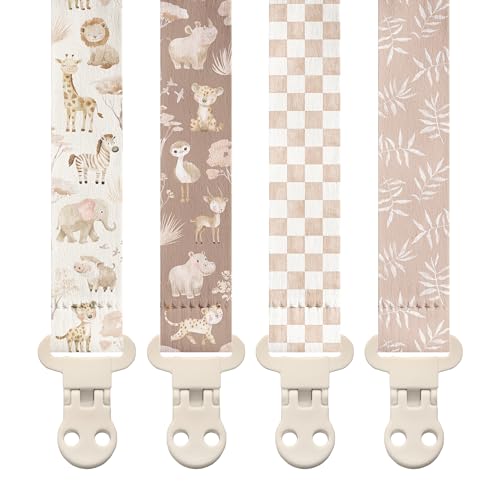 Image of Stadela Baby Fabric Pacifier Clip Holder, Plastic Clip, 4‑Pack, Safari Pattern, Savanna Set