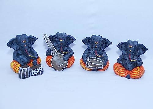 Image of KANHA Traders Set of 4 Handcrafted Meditating Lord Ganesha Idols Statue with Musical Instruments for Home Decor Decorative Showpiece