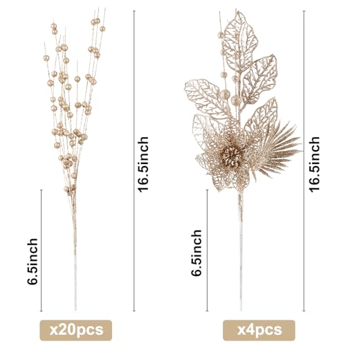 24 Pack Christmas Tree Ornaments - Artificial Flowers Glitter Berry Stems Christmas Floral Picks Branches for Xmas Tree Decorations Vase Filler Holiday Wedding Party Home Decor (Champagne) — view 2