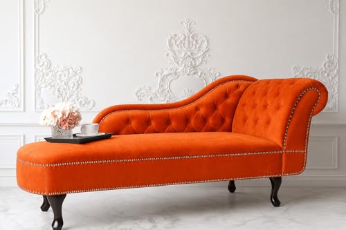 Image of Velvet Modern Chesterfield Chaise Lounge Couch 166 X 63 X 76 for Your Loving Space (Orange-L, Right Arm)
