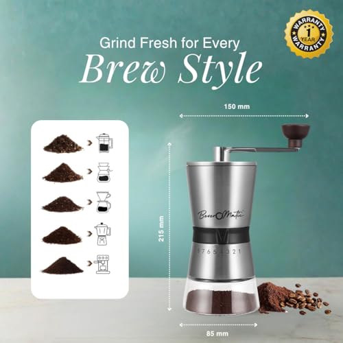 Image of Stainless Steel Manual Coffee Grinder, 80 Grams Bean Capacity | Ceramic Burr, Borosilicate Glass Jar, 8 Grind Settings, Beechwood Knob, For Drip Coffee, Espresso, Cappuccino, French Press