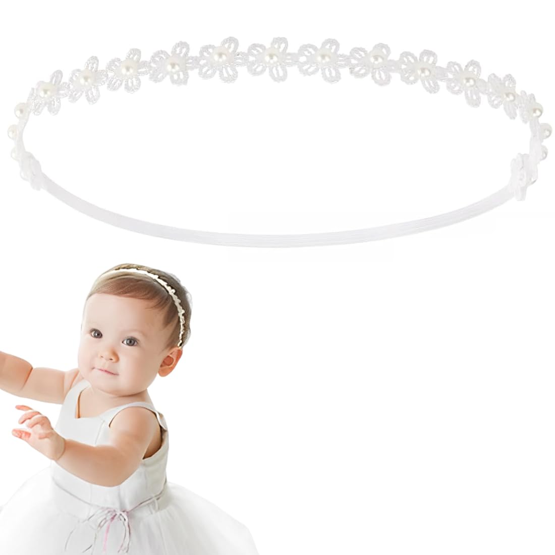 GXGM Baby Mädchen Stirnbänder Weiß Dehnbare Stirnband DoppelspitzeSpitzebowknot-Haarband Weich Baby Hairband Nylon Babygeschenke für Neugeborene