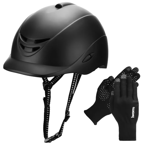 Equestrian Adult Helmet and Gloves Set with Adjustable Strap for Horseback Riding and Training, Soft and Comfortable Gloves Kits for Women and Man (Deep Black)