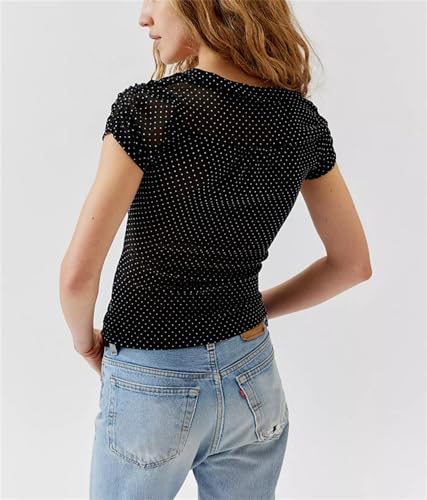 Image of Y2k Girls Vintage Coquette Button Down Shirt Women Short Sleeve V-Neck Slim Fitted T-Shirt Cute Blouse Crop Top