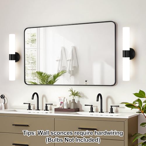 Image of Wall Sconces Set of Two, Modern Bathroom Sconces Wall Lighting with Milky White Glass, Matte Black Sconces Wall Decor Set of 2 for Bathroom Mirror Bedroom Living Room Hallway
