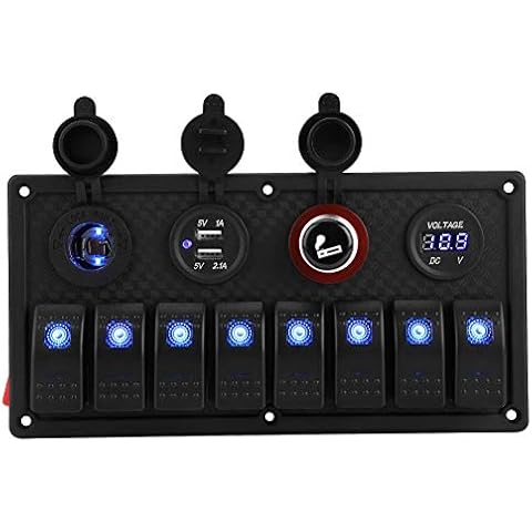 camping.com 8 Gang Marine Boat Rocker Switch Panel with Fuse 4.2A Dual USB Slot Socket Digital Voltage Display Cigarette Lighter LED Light for Car Rv Vehicles Truck (Blue) Cover