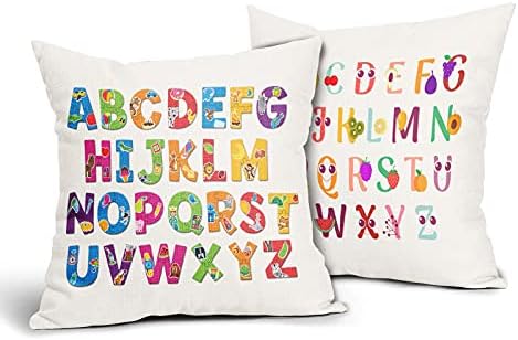 Alphabet with Animals Fruits Pillow Cases 18x18 Cute Rainbow ABC Letters Colorful Throw Pillow Covers Cotton Decorative Cushion Cover Both Sides for Son Daughter Kids Playroom Sofa Living Room Patio