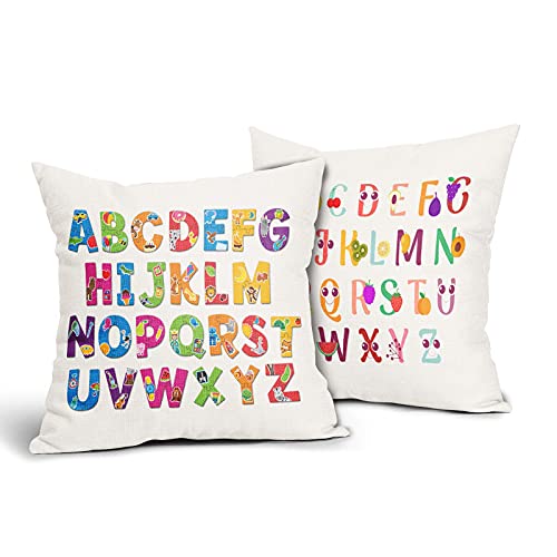 Alphabet With Animals Fruits Pillow Cases 18X18 Cute Rainbow Abc Letters Colorful Throw Pillow Covers Cotton Decorative Cushion Cover Both Sides For Son Daughter Kids Playroom Sofa Living Room Patio #TOP21