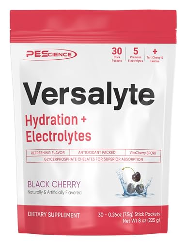 Image of PEScience Versalyte Electrolyte Hydration Packets, Sugar Free Electrolyte Powder with Magnesium, Taurine, Antioxidants, Trace Minerals, Low Sodium - Black Cherry, 30 Servings