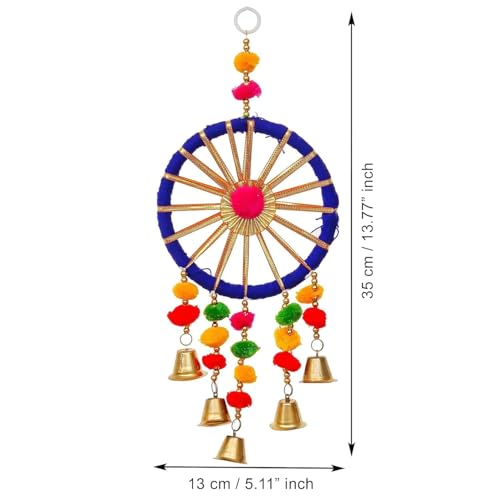 Image of Bindian Pom Pom Ring Bell Chakri Hanging for Home Decor, Pack of 5 Wall Hanging Decoration for Living Room, Backdrop Decoration Items for Ganpati, Navratri, Diwali Festival & Pooja Room Decor