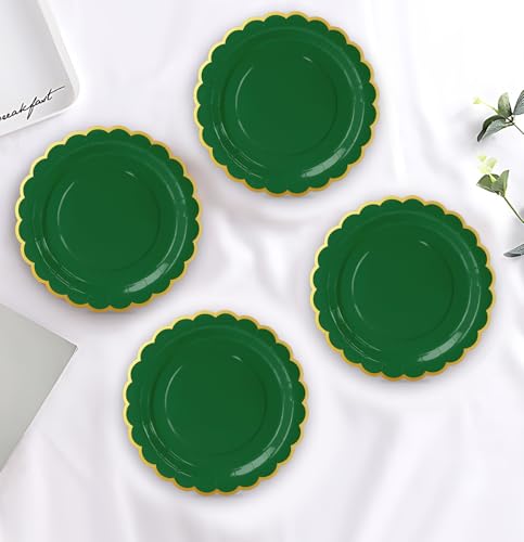 Image of HEIPINIUYE 50 Pieces Green Paper Plates with Gold Foil 7 Inch Disposable Green Scalloped Dinner Plates for Wedding Baby Shower Birthday Christmas Party Dessert Plate