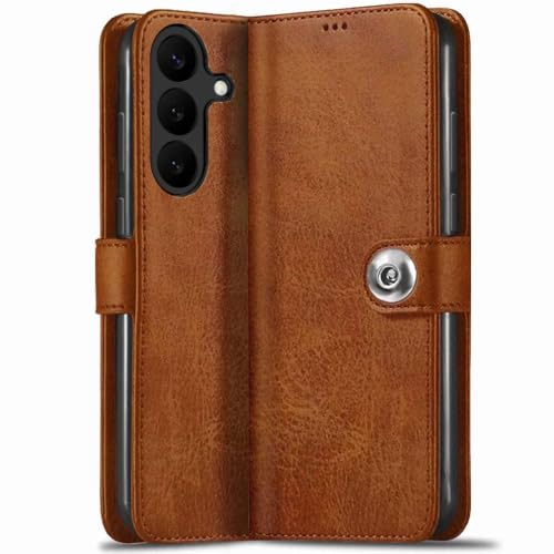 Image of TheGiftKart Flip Cover Back Case for Samsung Galaxy S26 FE 5G | Genuine Leather Finish | Designer Button | Inbuilt Pockets & Stand | Wallet Style Flip Back Cover Case (Faux Leather, Brown)