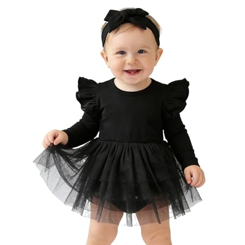Image of Baby Girl Ruffle Sleeve Romper Dress Outfit Newborn Princess Tulle Dresses Infant Jumpsuit Tutu Skirt Set Clothes