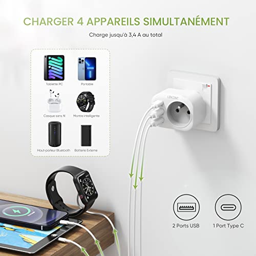 lencent adaptateur prise uk/anglaise française prise, avec 2 ports usb et 1 port usb c adapté à angleterre, irlande, royaume uni, Écosse, adaptateur électrique mâle uk/ femelle france, type g