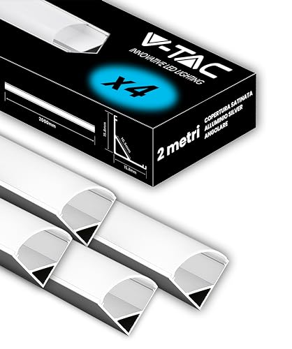 V-TAC 4 perfiles angulares de 2 metros para tiras de LED – (8 metros totales) – Perfiles para tiras LED de aluminio con cubierta satinada – Color plateado – Esquinas 21,3 x 15,8 mm