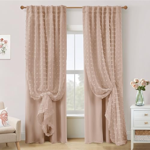 Neutral Peach Blush Pink Curtains for Baby Nursery Girl,Blackout Tufted Floral Embroidered Sheer Boho Nude Dusty Rose Curtains for Bedroom 2 Panels 84...