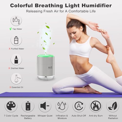 Image of Rechargeable Mini Humidifier with 7 Color Light, Small Personal Desktop Humidifier for Baby Bedroom, Office, Nursery, Travel with Auto Shut-Off, Super Quiet (Gray)