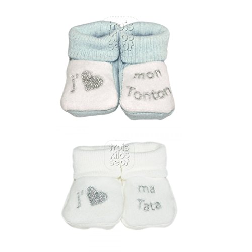 Trois Kilos Sept - Chaussons bébé - Collection"J'aime mon Tonton"/"J'aime ma Tata" - Lots 2 paires (Bleu Blanc) Cover
