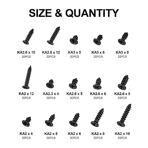 QTEATAK 300Pcs Black Laptop Notebook Computer Screw Replacement Kit Countersunk Self-Tapping Screws KA2 KA2.6 KA3