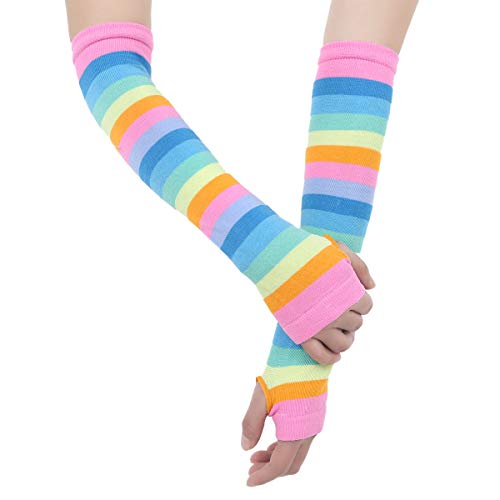 YiZYiF Women Girls Rainbow Striped Thigh High Stockings Socks Arm Warmer Fingerless Gloves for Halloween Cosplay Party3