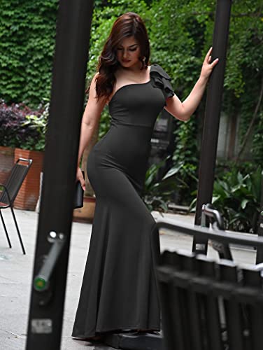 YMDUCH Women's Sexy Sleeveless One Shoulder Ruffle High Split Party Evening Long Formal Dress3