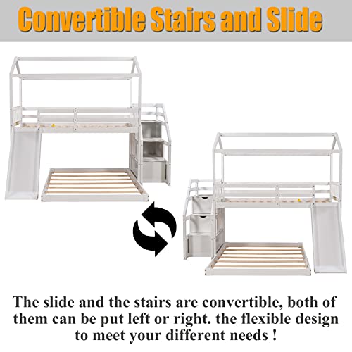 Harper & Bright Designs House Bunk Bed Twin Over Full With Convertible Slide, Kids Bunk Bed With Storage Staircase Can Be Placed Left Or Right, Wooden Twin Over Full Bunk Beds For Girls Boys, White #TOP24