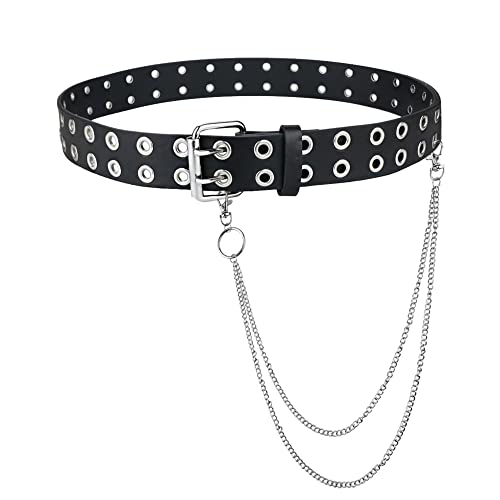 Image of Grommet Leather Belts for Women, Black Belt Women Men with Double Holes & Chains