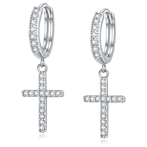 14K Plated Cross Huggie Hoop Earrings for Women Men Teen Girls Cover