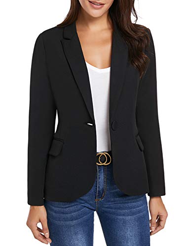 Luvamia Women'S Notched Lapel Neck Long Sleeves One Button Pockets Blazer Jacket Wear To Work Suit New Black Size M thumb #2