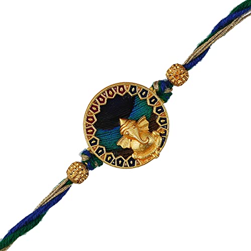 Image of eCraftIndia Red Blue Round Designer Rakhi for Brother Bhaiya Bhai | Roli Chawal Pack | Rakhi Combo