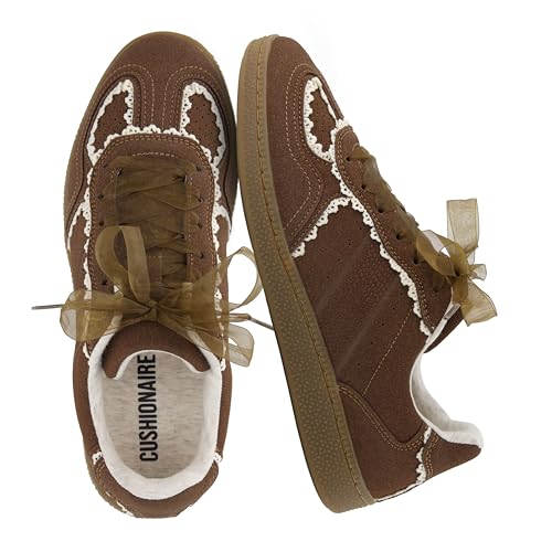 CUSHIONAIRE Belinda Women’s Lace Detail Casual Sneakers – Elegant Ribbon Lace-Up Summer Shoes for Women with Memory Foam, BROWN 8.5