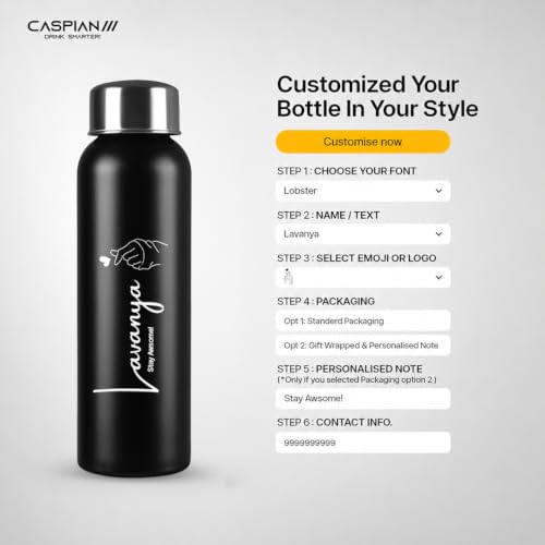 Image of Caspian Aqualim Customised Stainless Steel Water Bottle 750ML,M-Black with Logo Print-Personalised Water Bottle with Your Name Print for Kids Boys Girls School Office Gym-Perfect for Corporate Gifting