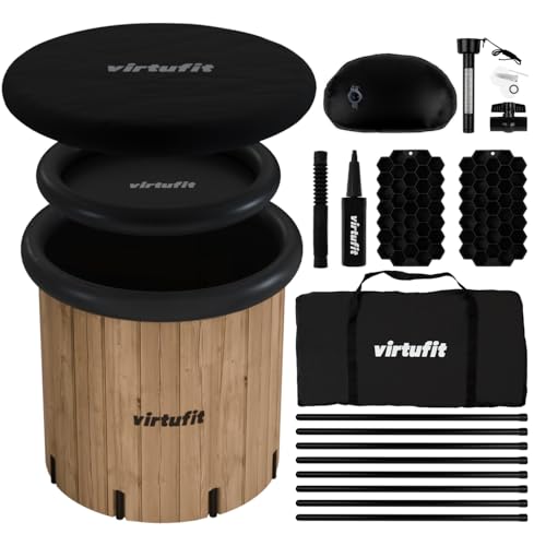 VirtuFit Eisbad XXL 375L Wood Look Kaltwasserbecken für Regeneration & Muskelerholung Ice Bath mit Zubehör faltbar 5-lagige Isolierung Outdoor & Indoor
