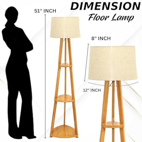 Image of Modern Tripod Floor Lamp with Shelves, Natural Jute Shade, Wooden Stand,Living Room Decorative Light with LED Bulb, Energy Efficient Uplight