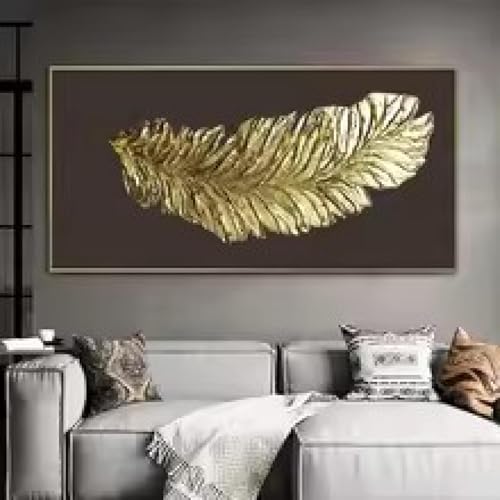 Décoration d'intérieur moderne salon avec toile plumes dorées abstraites 70x140cm