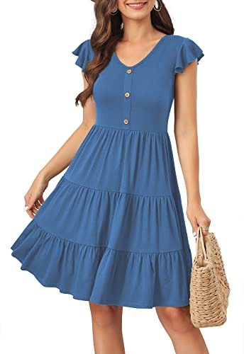 Image of Lamilus Summer Dresses for Women 2026 Ruffle Sleeve V Neck Non-See Through Tiered Babydoll Mini Dress Graduation Beach
