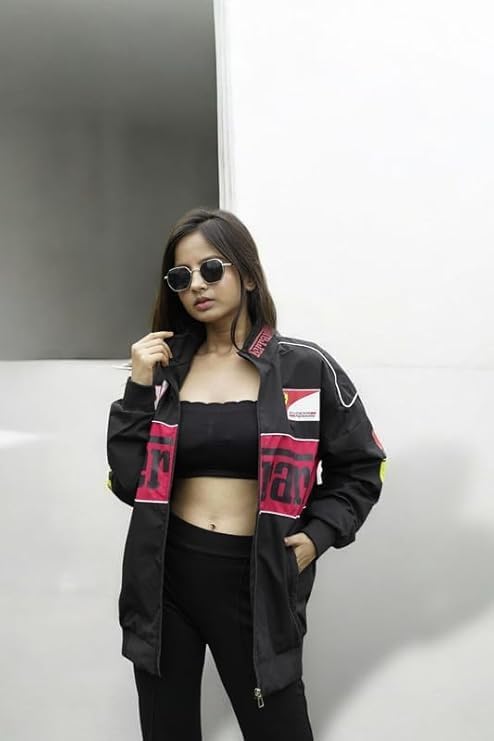 Image of Gigavibe Racing Icon F1 Vintage Printed Women's Jacket, Black, Polyester, Relaxed Fit, Motorsport Streetwear