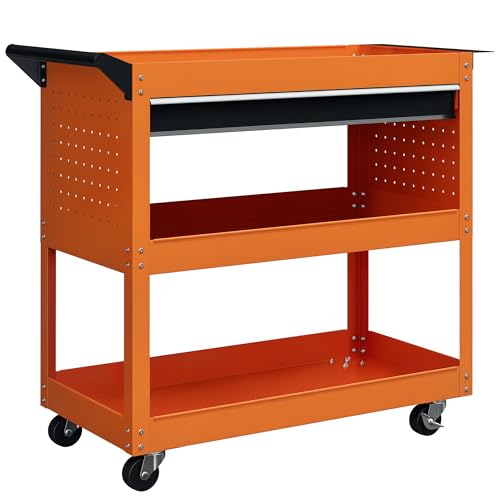 DURHAND Carrello Porta Attrezzi con Manico e Scheda Laterale, Cassetto e 3 Ripiani, Carrello Officina Porta Utensili con 4 Ruote(2 con Freno) in Lamiera di Acciaio per Garage, 82x35x76 cm, Arancione
