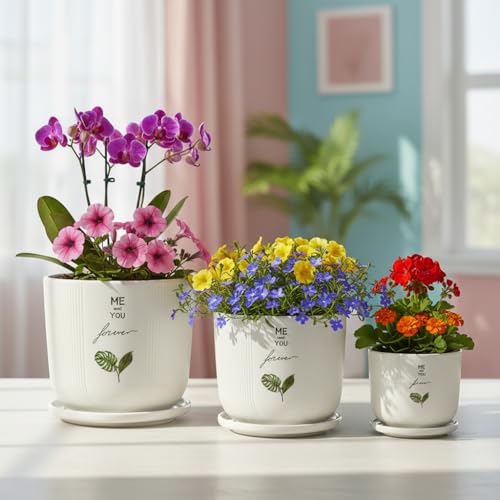 Image of Xtore Triliora Ceramic Planter Set with Trays | Botanical Print Flower Pots for Home, Office & Living Room Decor - (Set of 3, White)