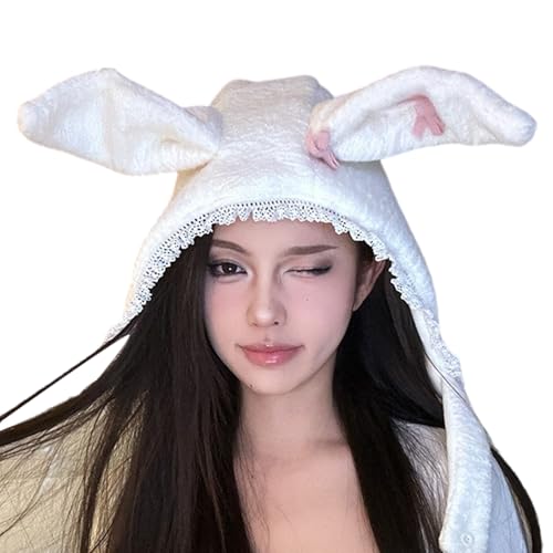 Furry Cartoon Head Covering with Ear for Girls Cartoon Rabbits with Lace Brim Oversized Headgear Hat Photo Props